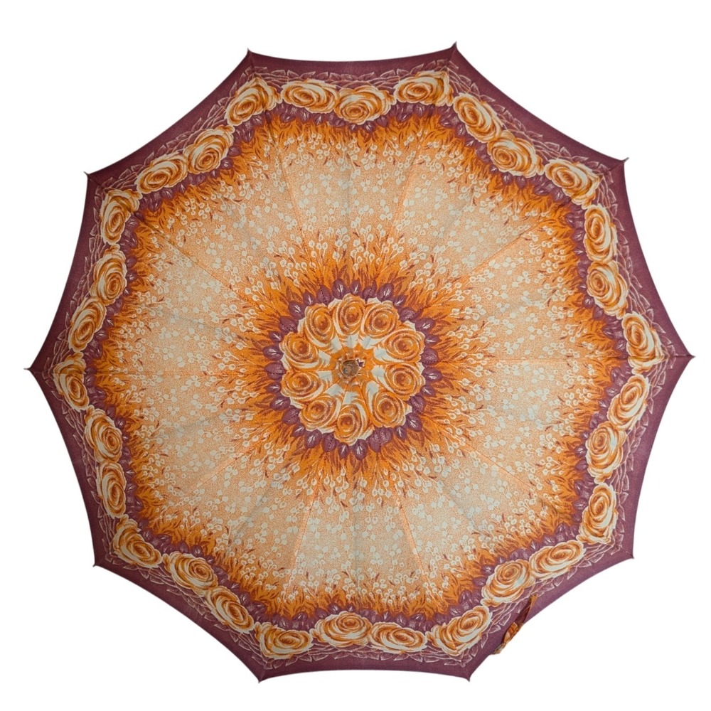 Vintage 60-70s Orange Burgundy Rose Floral‎ Pattern Metal Umbrella Parasol